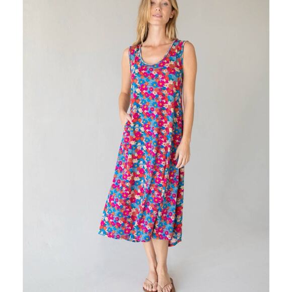 Natural Life Hangout 100% Cotton Boho Midi Dress Pink Floral Size S Sundress - Picture 1 of 7